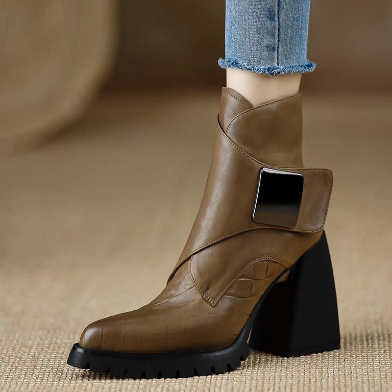 Women's Leather Chunky Heel Ankle Boots | Meabh_11