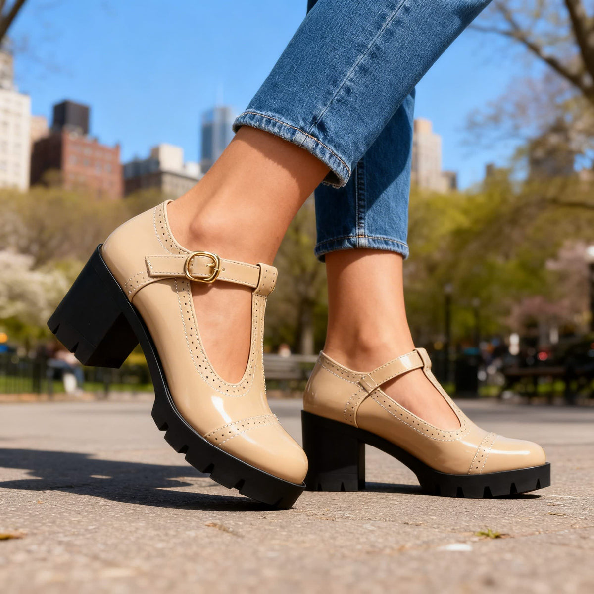 Women's Patent T-Bar Platform Heels | Eabha_3