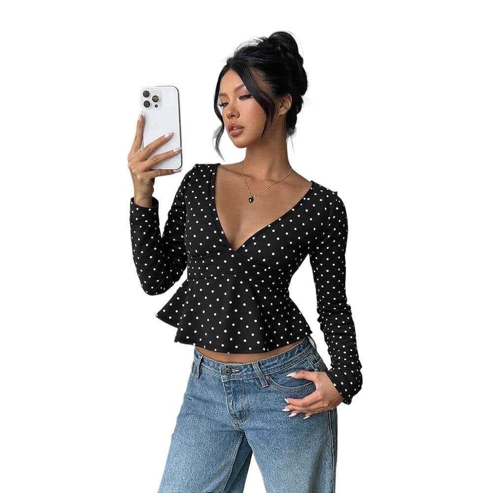Women's Polka Dot V-Neck Peplum Top | Rosamund_5