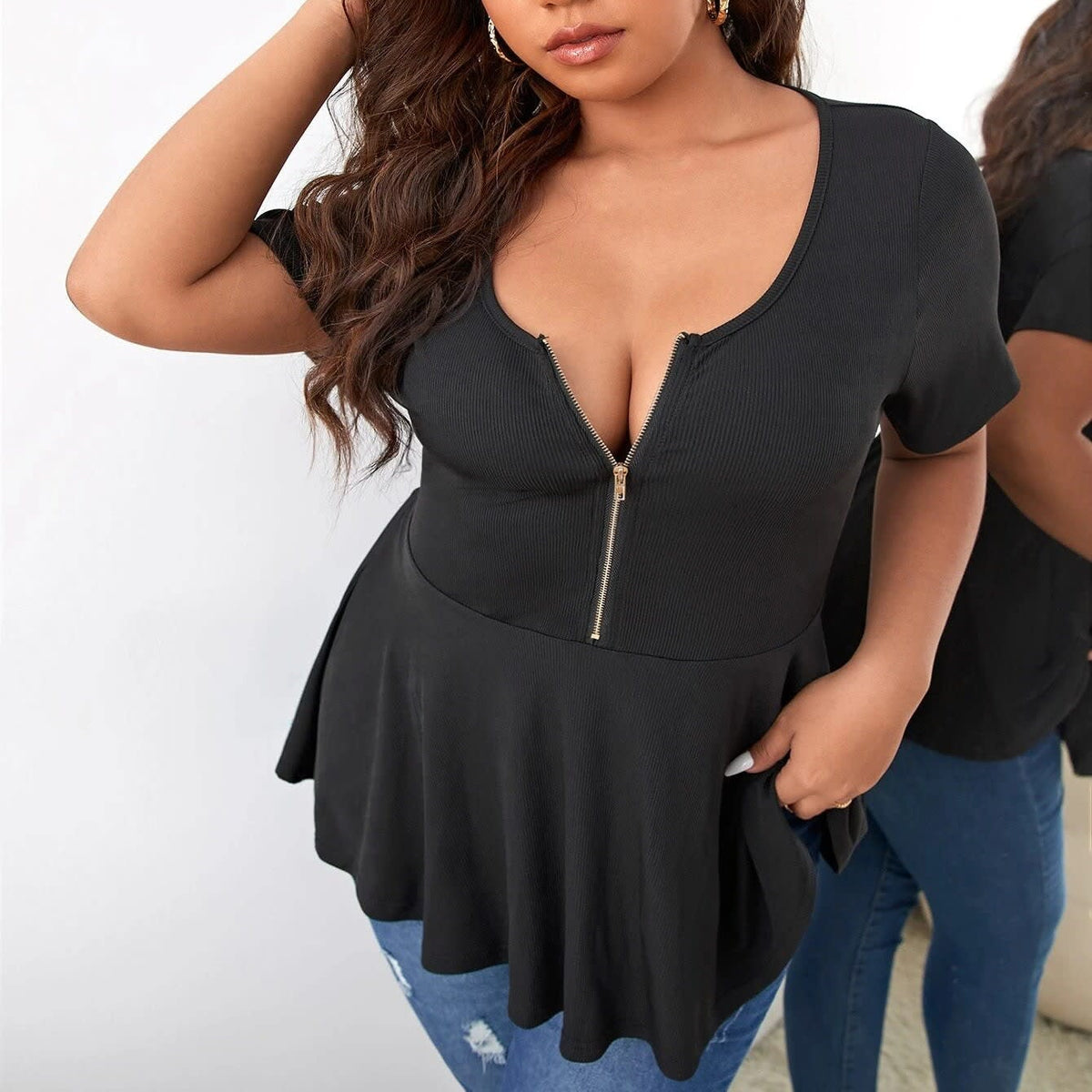 Women's Ribbed Zip Front Peplum Top | Joanna_6