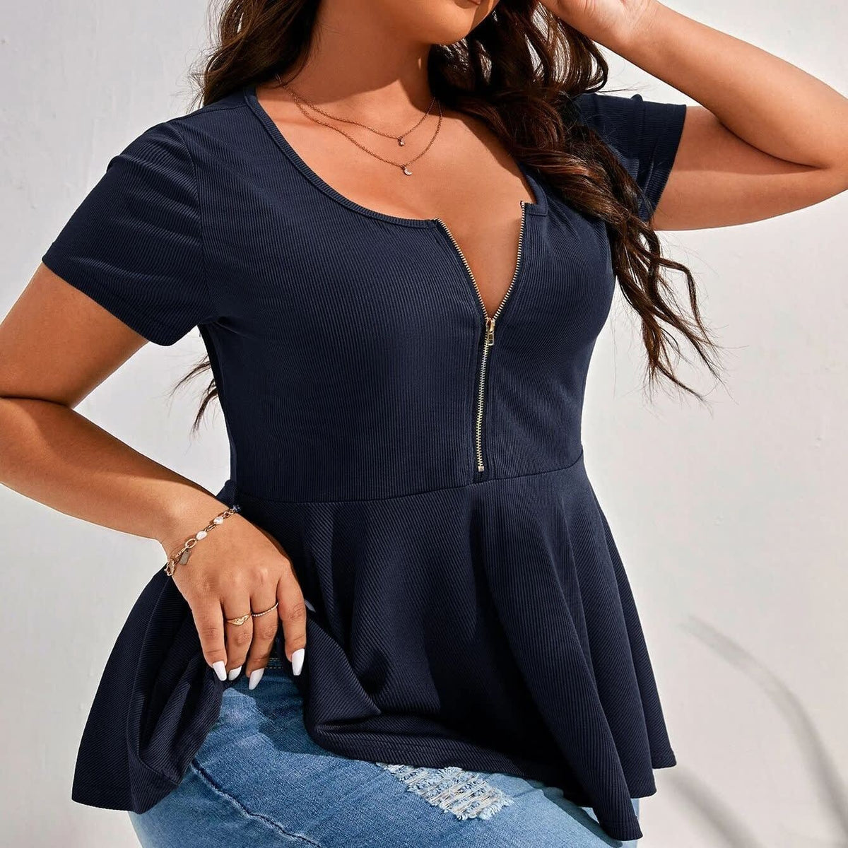 Women's Ribbed Zip Front Peplum Top | Joanna_7