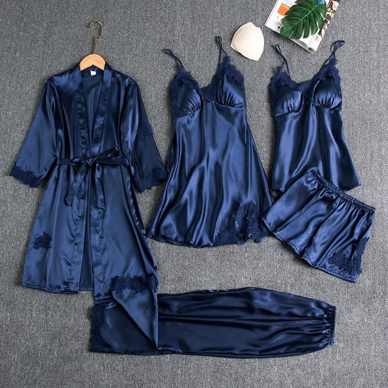 Women's Five Piece Satin Lace Pyjama Set | Genevieve_1