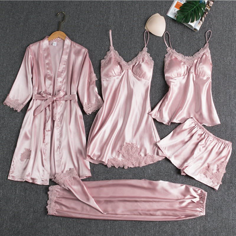 Women's Five Piece Satin Lace Pyjama Set | Genevieve_3