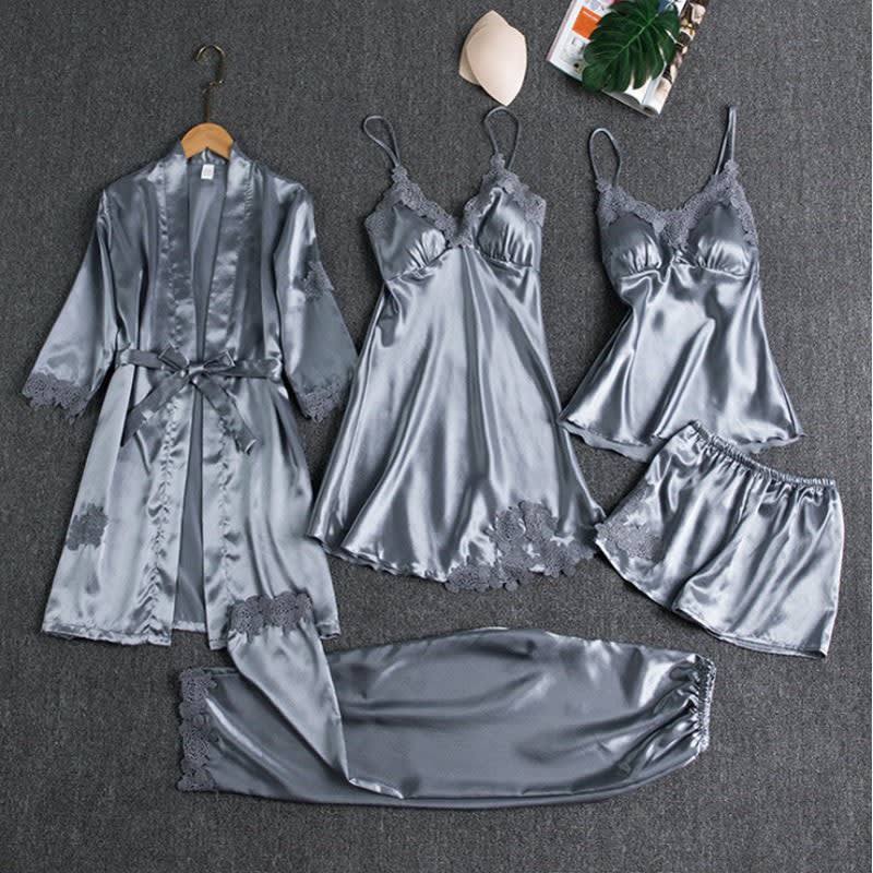 Women's Five Piece Satin Lace Pyjama Set | Genevieve_5