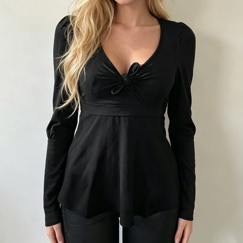 Women's Knot Front Puff Sleeve Peplum Top | Christina_1