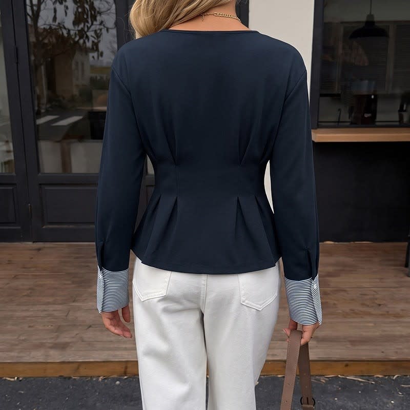 Women's Pleated Waist Peplum Top with Striped Cuffs | Lena_4