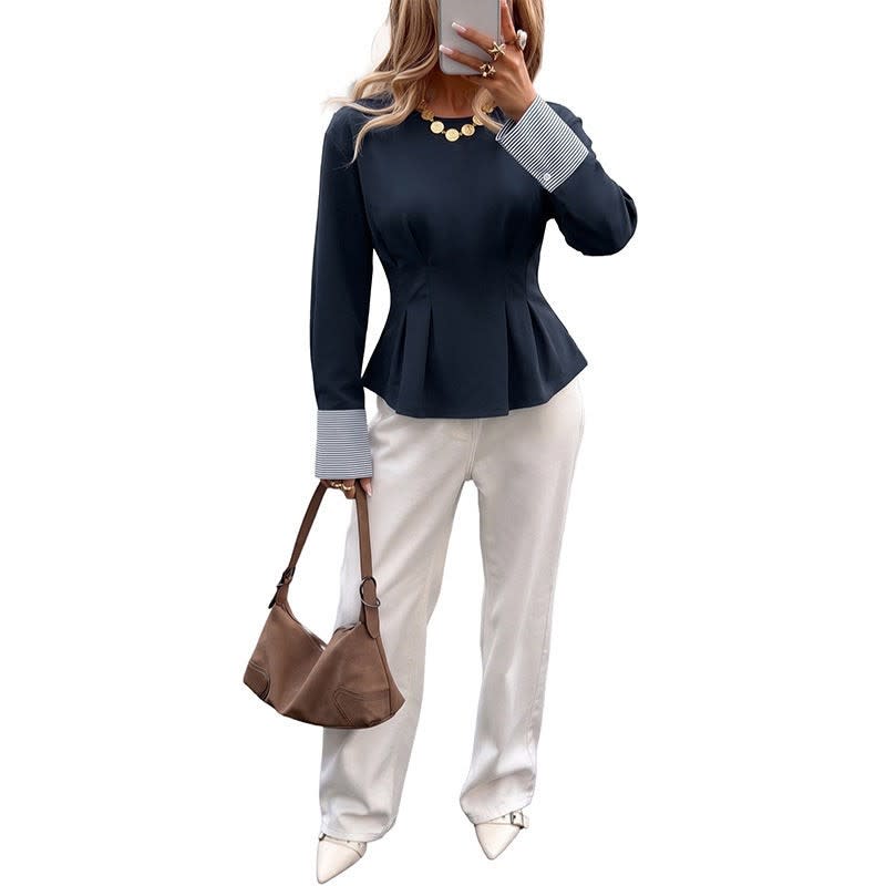 Women's Pleated Waist Peplum Top with Striped Cuffs | Lena_5