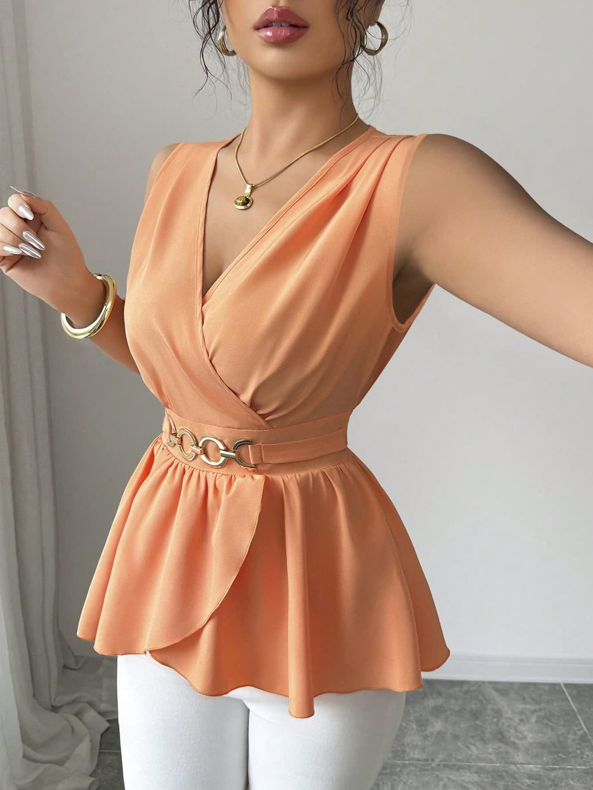 Women's Wrap V-Neck Peplum Top with Chain Belt | Octavia_6