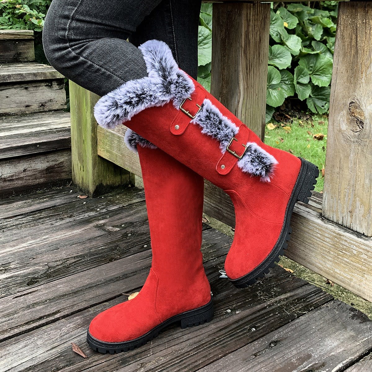 Women's Faux Fur Trim Knee High Boots | Eden_4