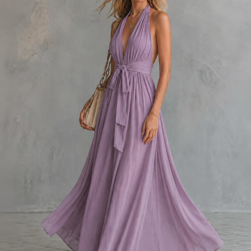 Women's Halter V-Neck Maxi Dress | Olivia Porter_1