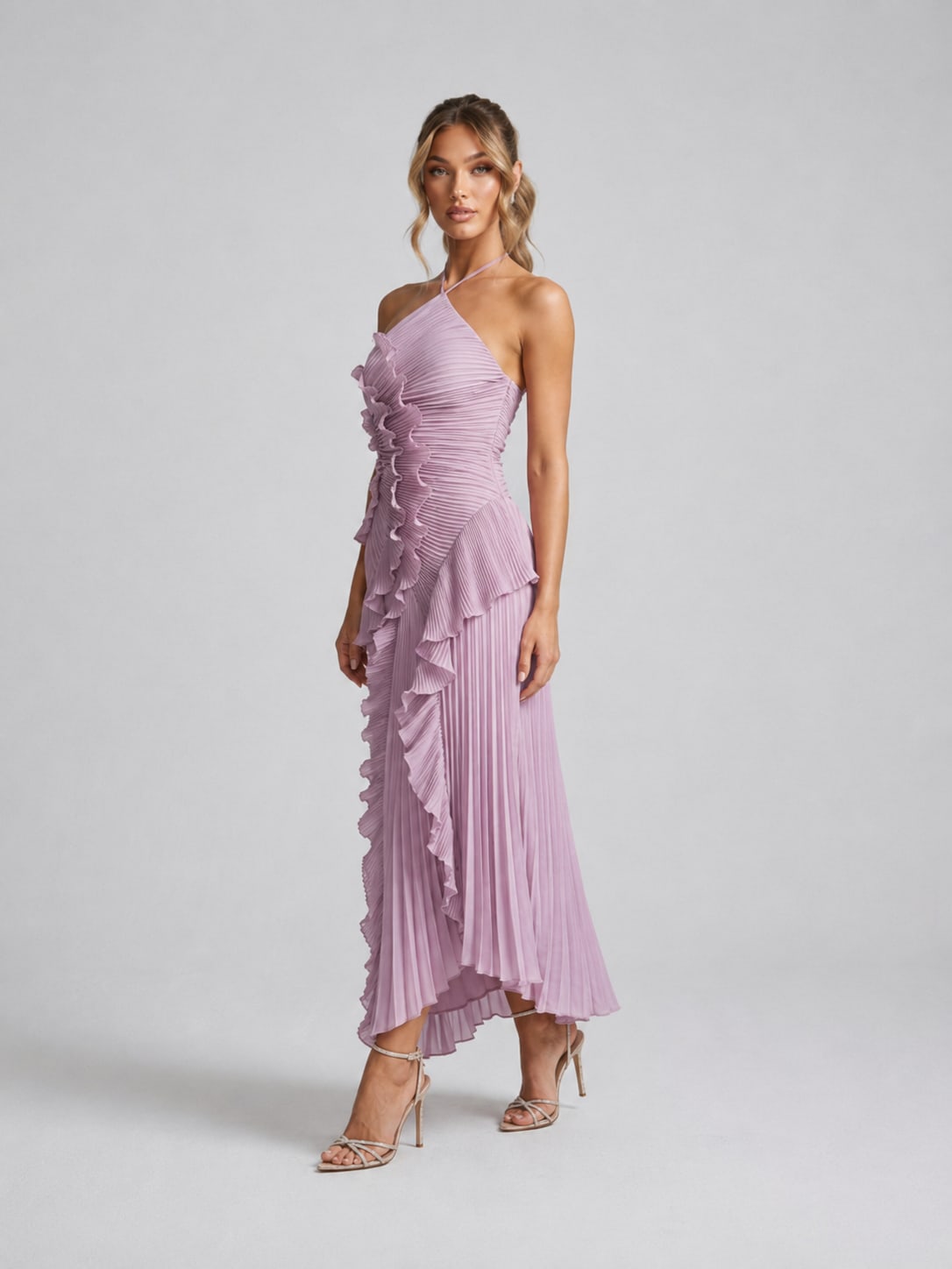 Women's Pleated Ruffle Halter Maxi Dress | Lena_2