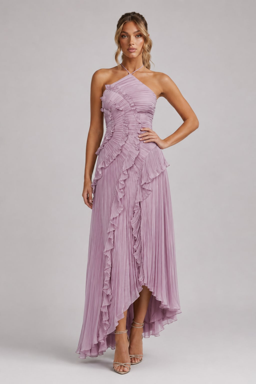 Women's Pleated Ruffle Halter Maxi Dress | Lena_4