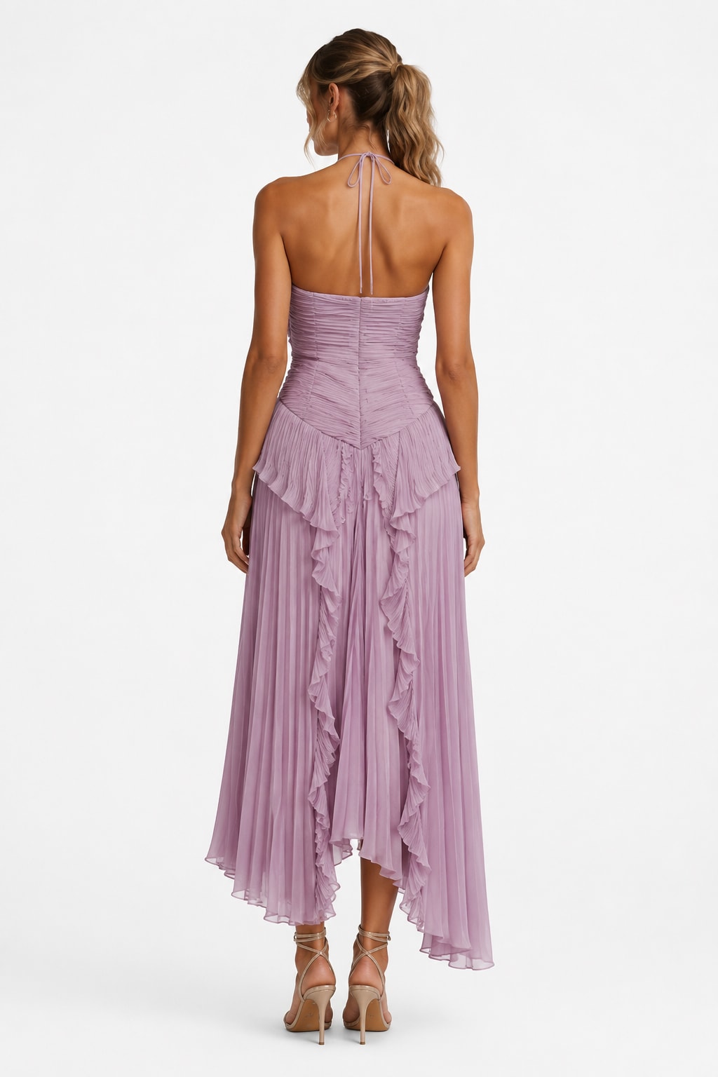 Women's Pleated Ruffle Halter Maxi Dress | Lena_5
