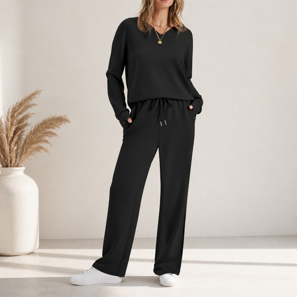 Women's V-Neck Knit Drawstring Lounge Set | Suzanne_12