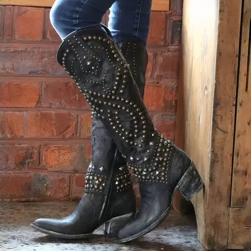 Women's Studded Block Heel Cowboy Boots | Eiry_3