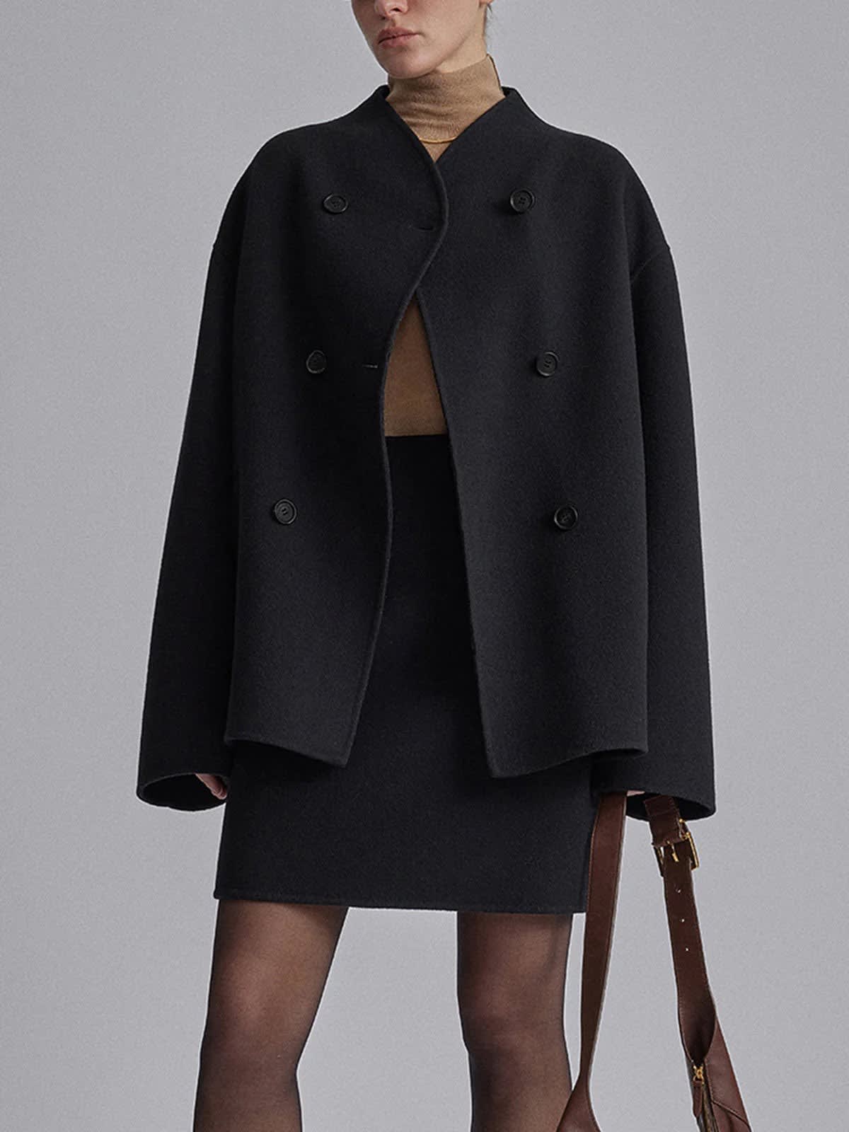 Women's Collarless Cropped Pea Coat | Helen_11