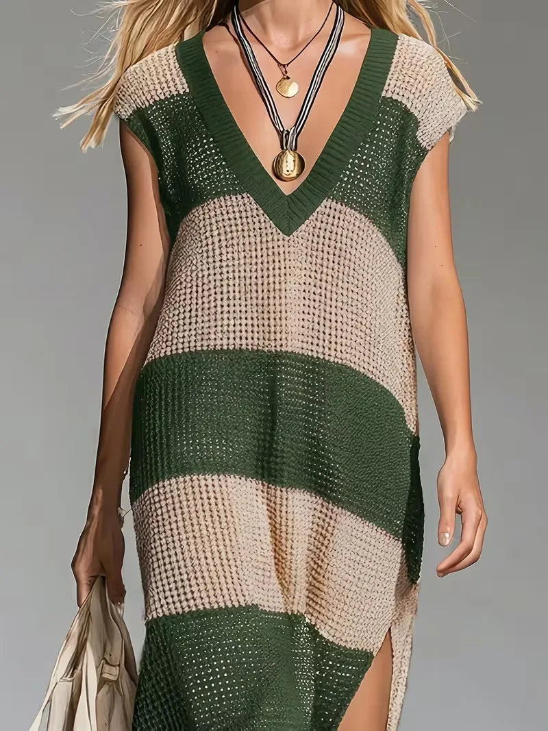 Women's Striped V-Neck Knit Midi Dress | Sienna