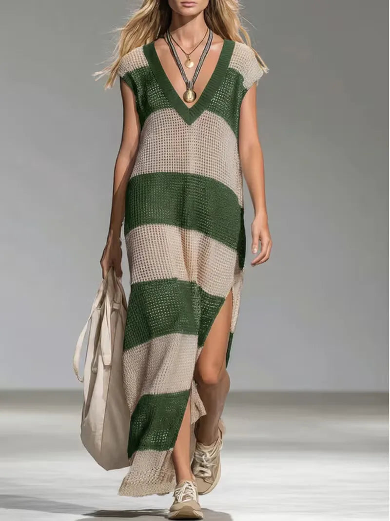 Women's Striped V-Neck Knit Midi Dress | Sienna