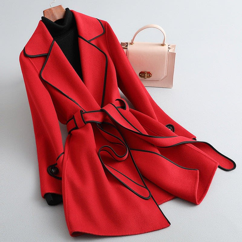 Women's Belted Wrap Coat with Contrast Trim | Matilda_11
