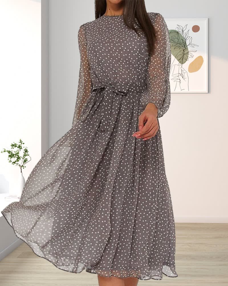 Women's Chiffon Long Sleeve Midi Polka Dot Dress | Isabelle_4