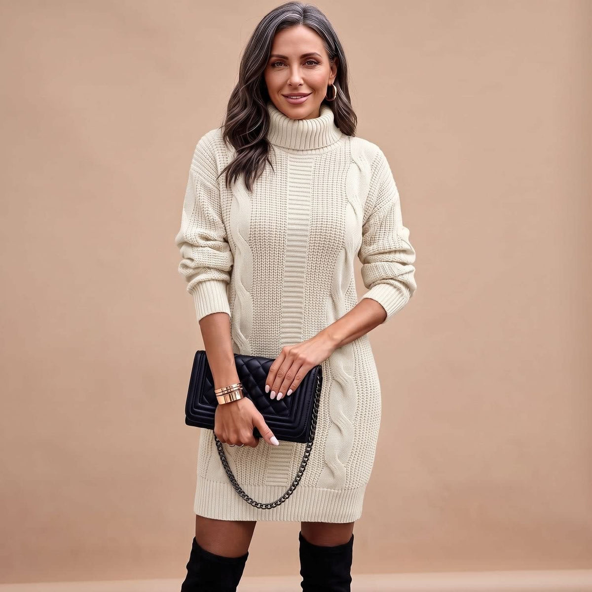 Women's Cable Knit Turtleneck Jumper Dress | Camilla_10