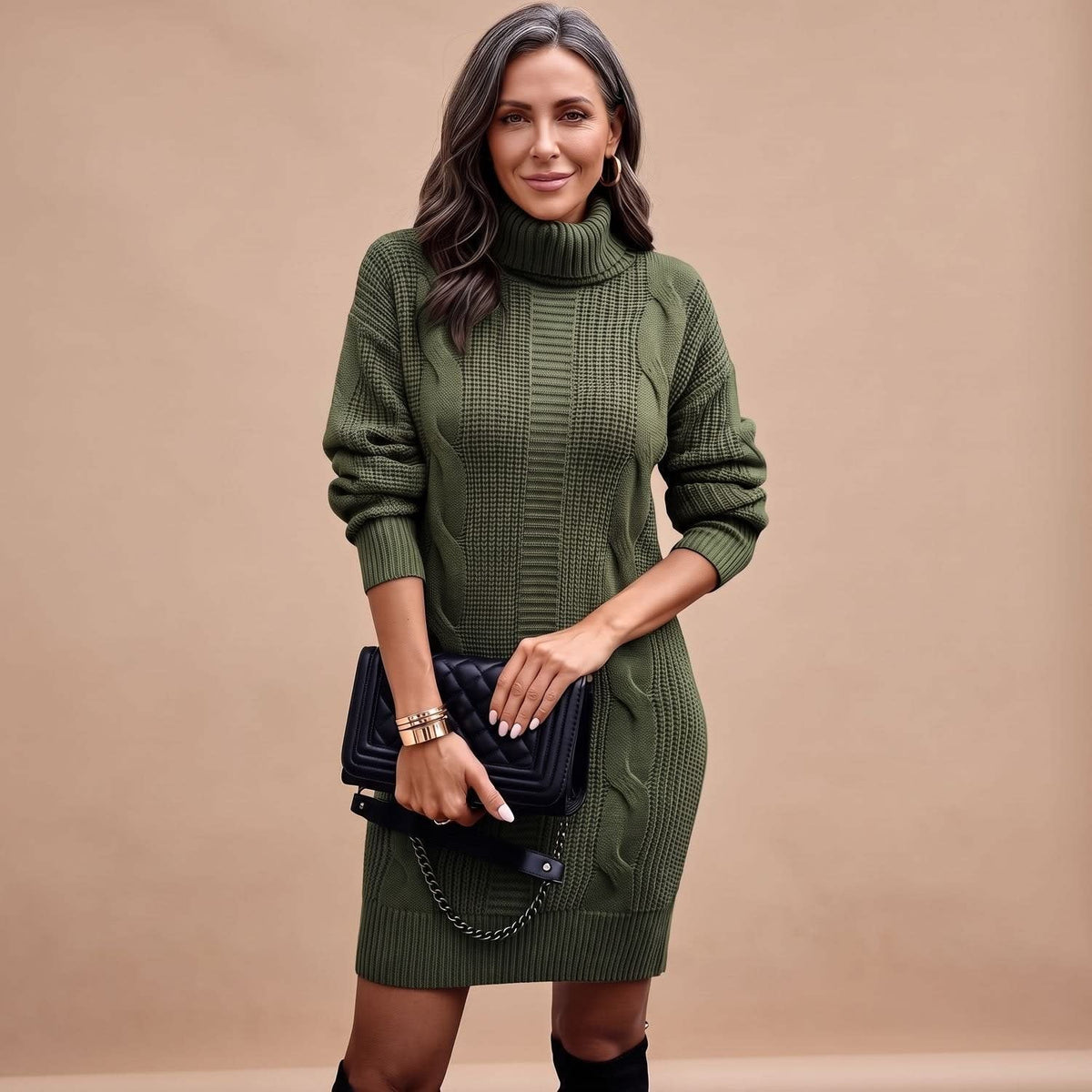 Women's Cable Knit Turtleneck Jumper Dress | Camilla_12