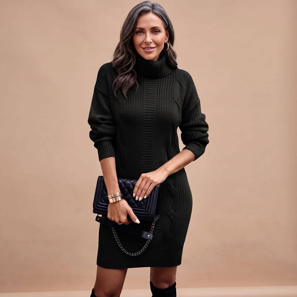 Women's Cable Knit Turtleneck Jumper Dress | Camilla_3