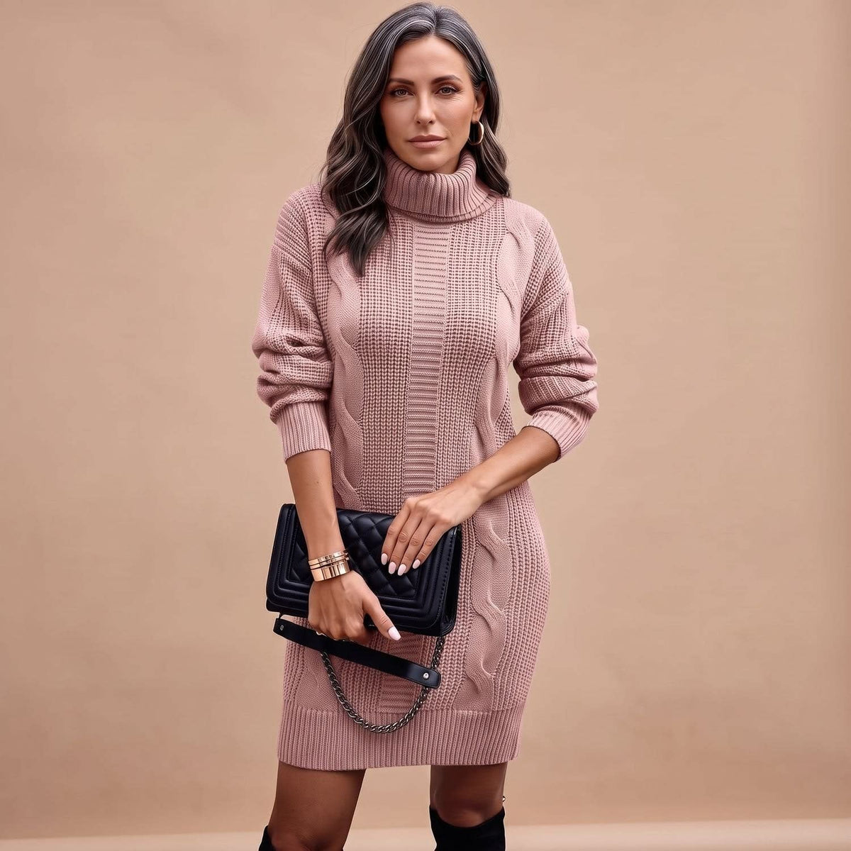 Women's Cable Knit Turtleneck Jumper Dress | Camilla_5