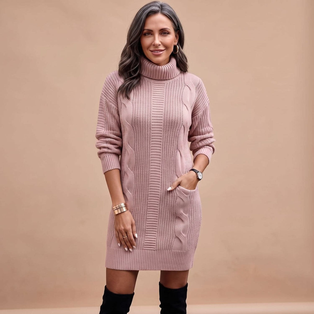 Women's Cable Knit Turtleneck Jumper Dress | Camilla_6