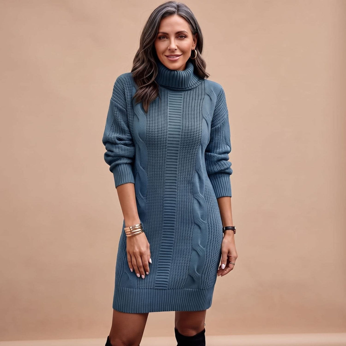 Women's Cable Knit Turtleneck Jumper Dress | Camilla_8