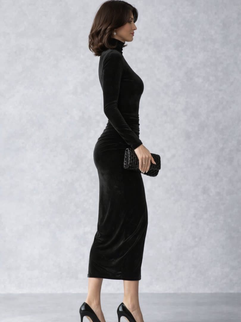 Women's Velvet Ruched Midi Dress | Heather_2