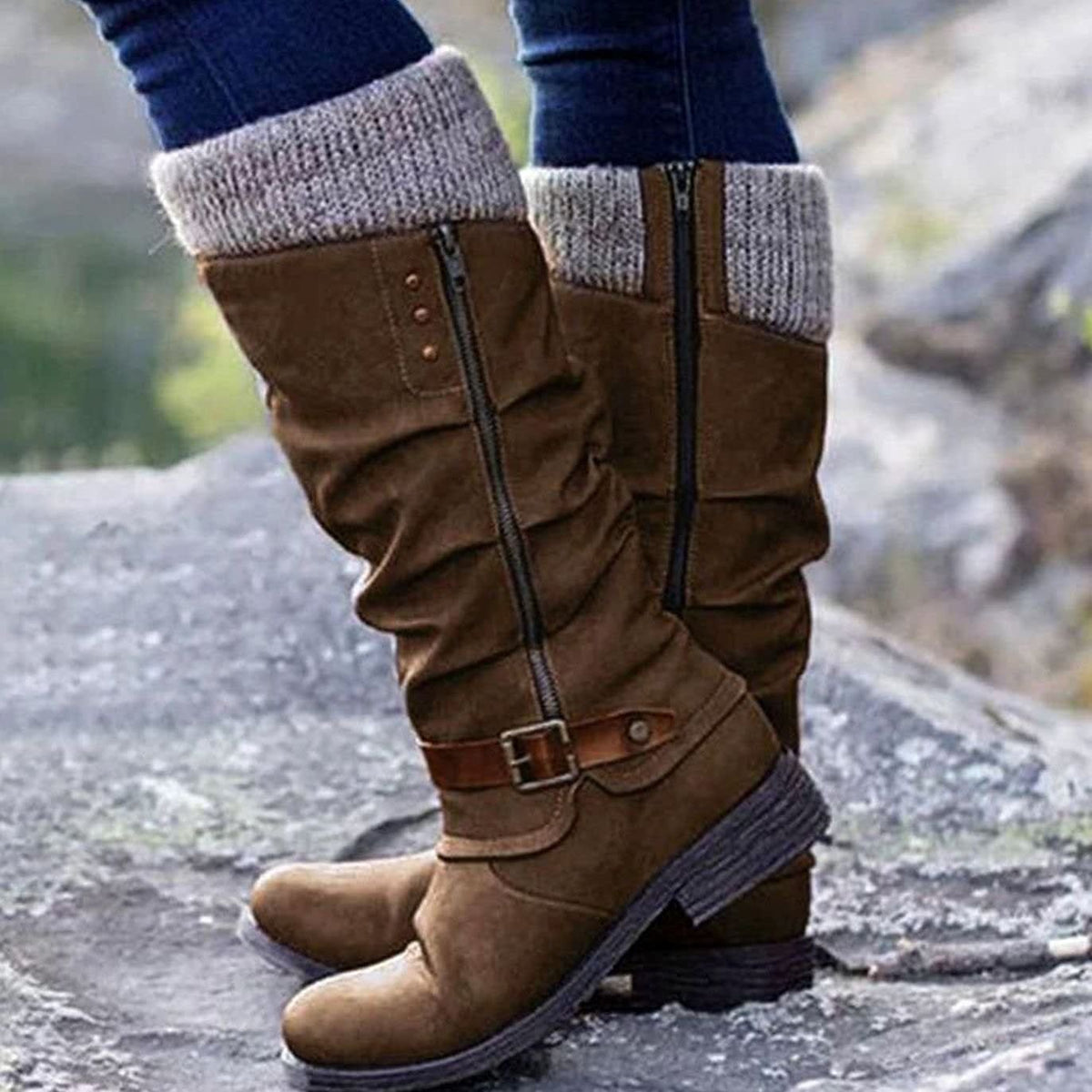 Women's Knit Cuff Buckle Orthopedic Boots | Ione_3