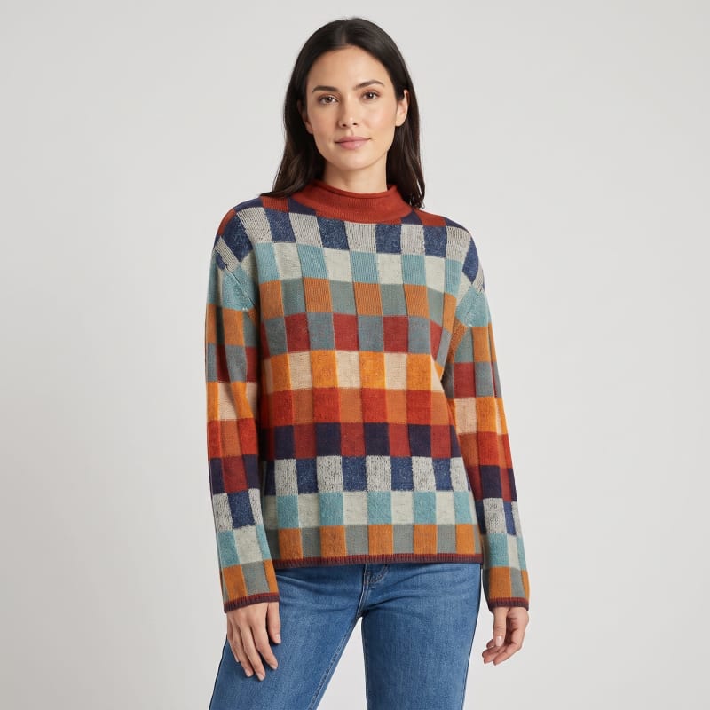 Women's Multicolor Check Knit Mock Neck Jumper | India_1