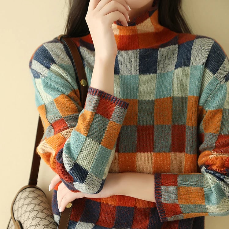 Women's Multicolor Check Knit Mock Neck Jumper | India_3