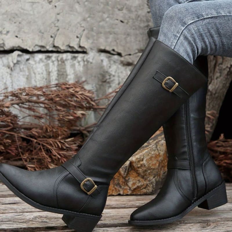 Women's Faux Leather Buckle Riding Boots | Caroline_1