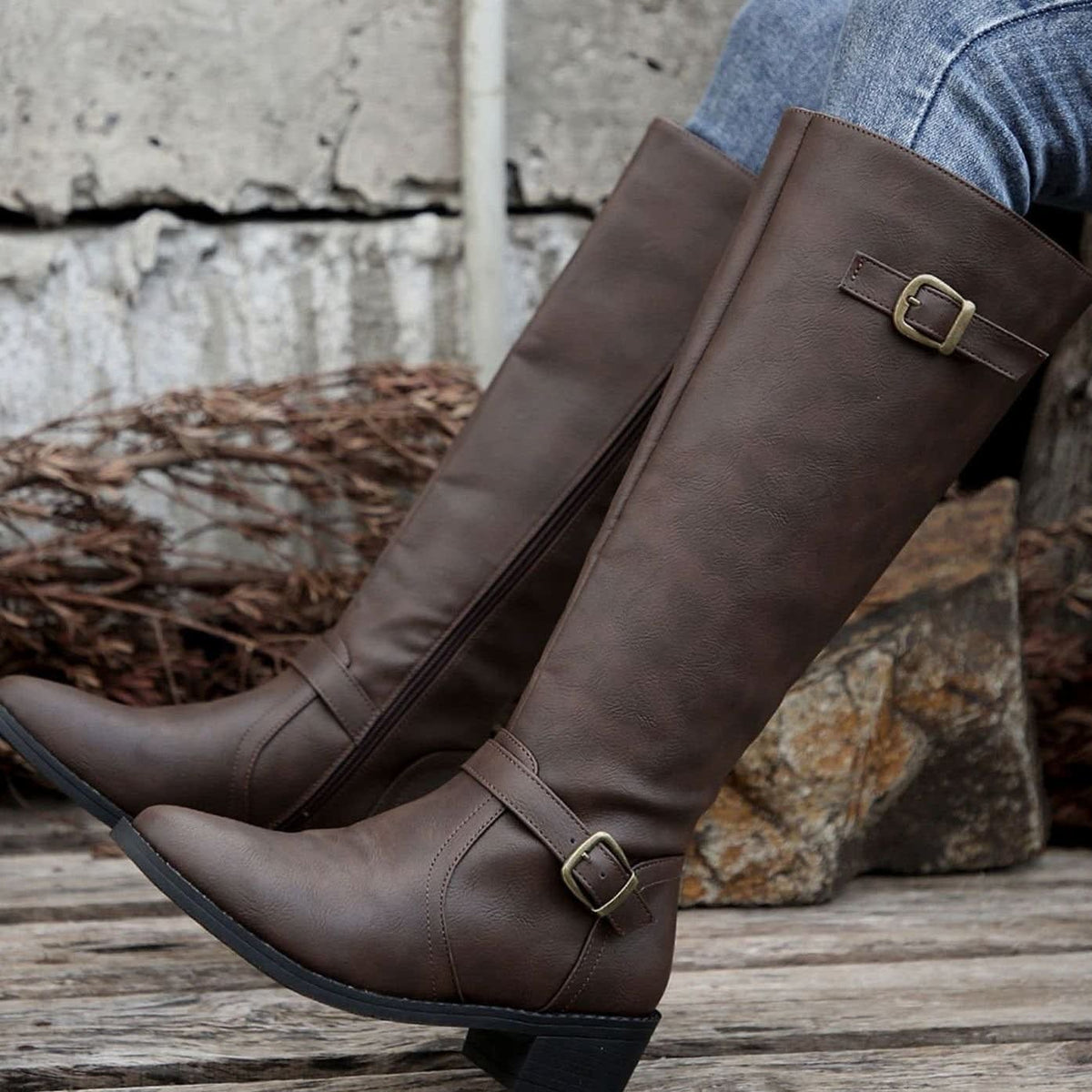 Women's Faux Leather Buckle Riding Boots | Caroline_6