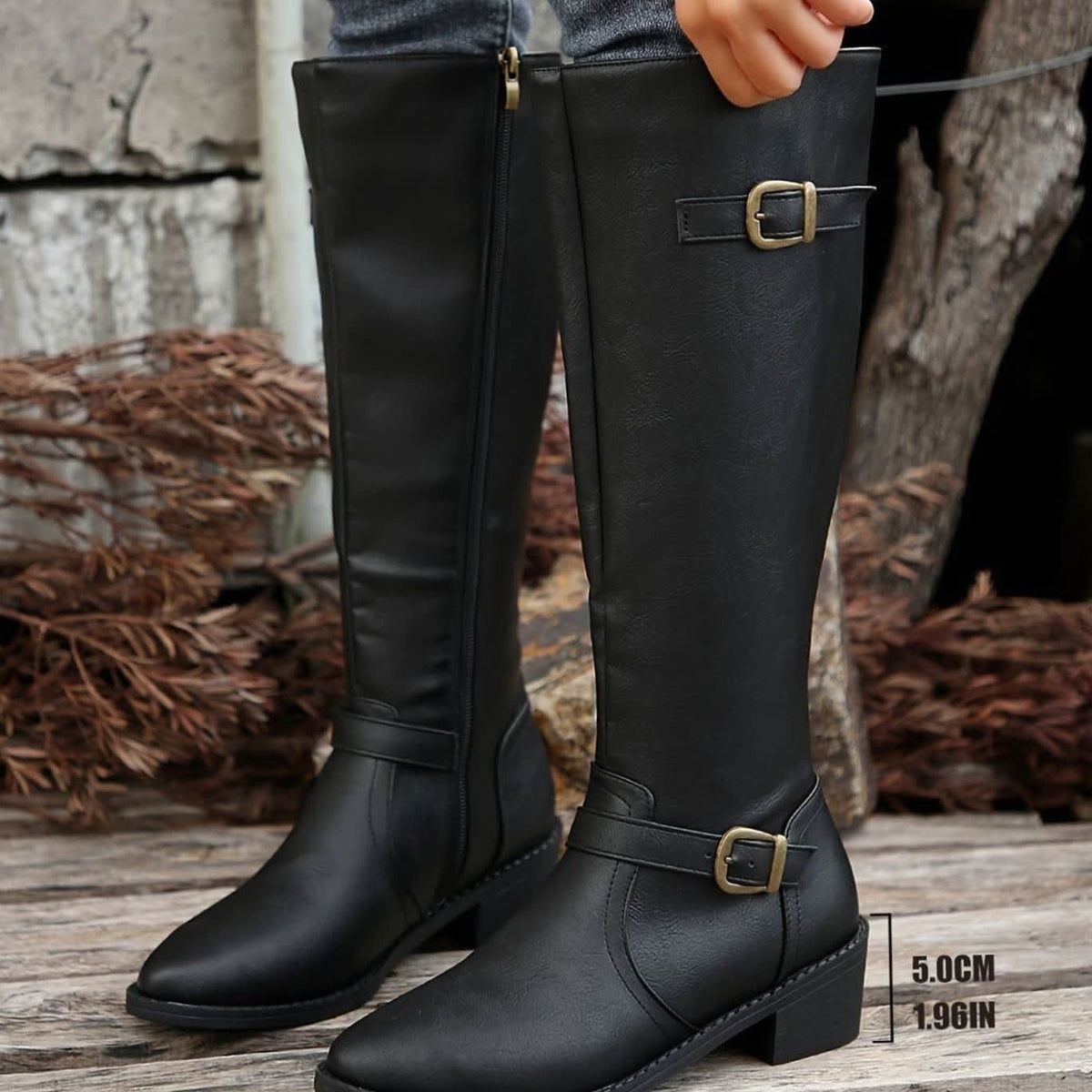 Women's Faux Leather Buckle Riding Boots | Caroline_9