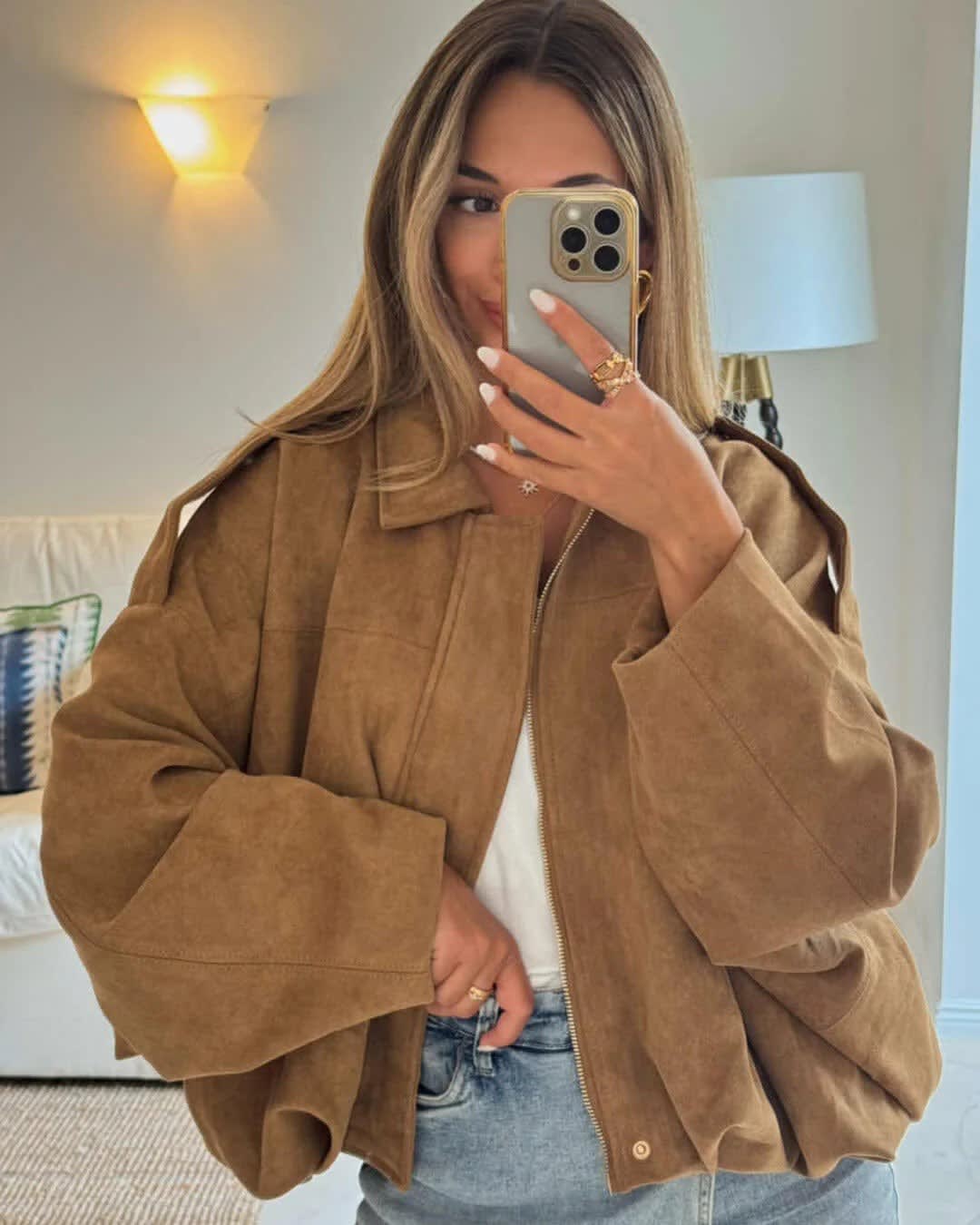Women's Faux Suede Collared Bomber Jacket | Carina_13