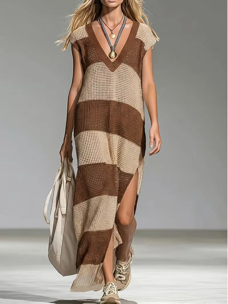Women's Striped V-Neck Knit Midi Dress | Sienna