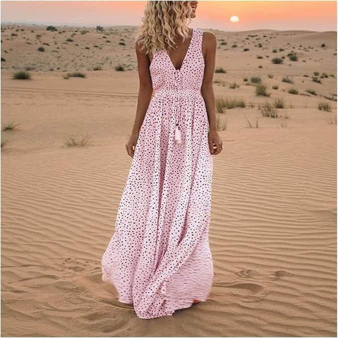 Women's Boho V-Neck Flowy Maxi Dress | Delilah_3