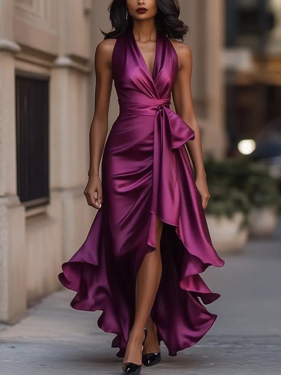 Women's Satin Halter High Low Cocktail Dress | Edith_11