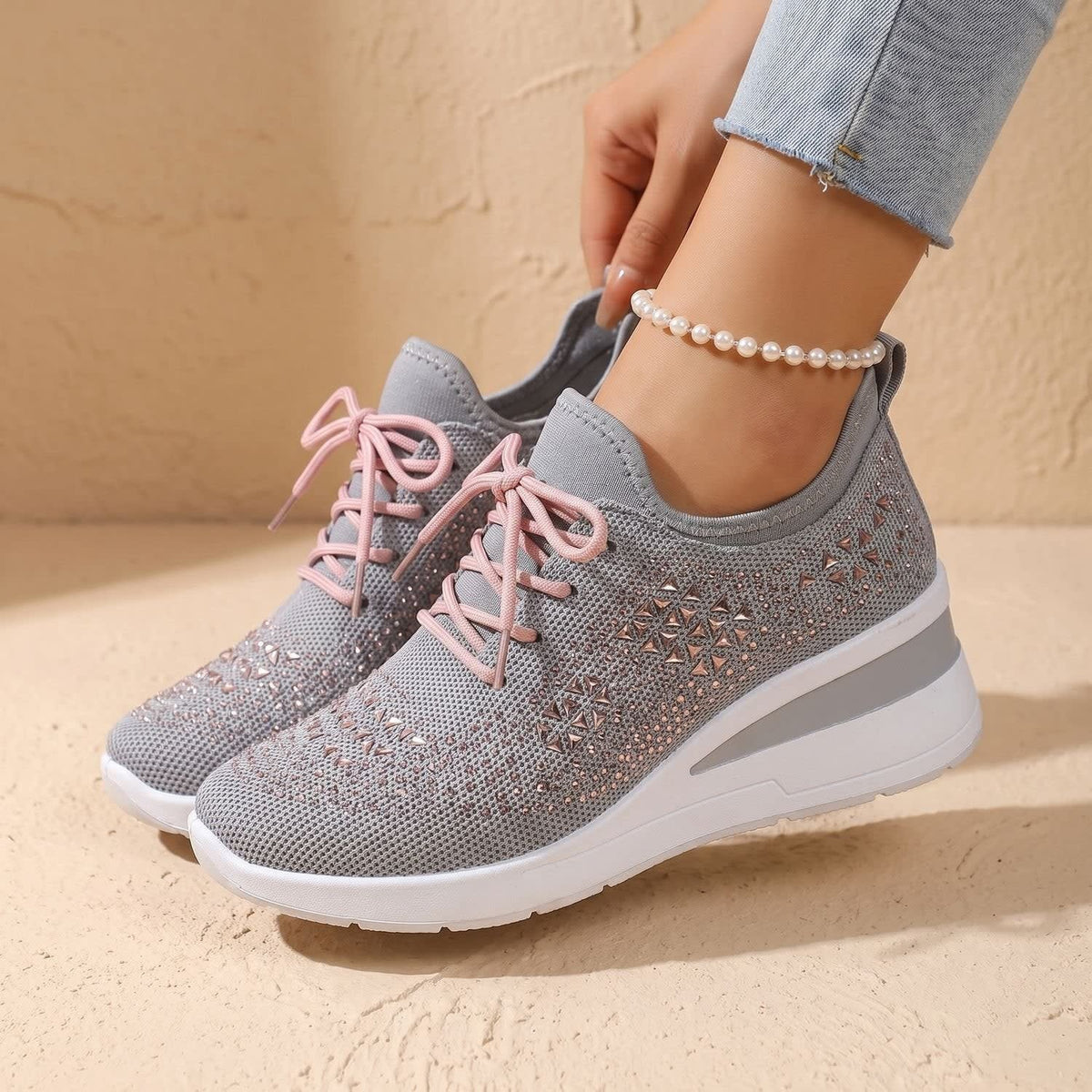 Women's Rhinestone Wedge Orthopedic Trainers | Arianwen_19