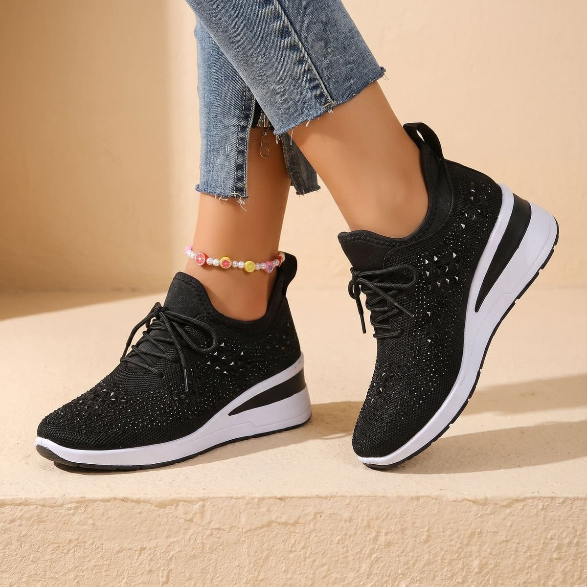 Women's Rhinestone Wedge Orthopedic Trainers | Arianwen_7