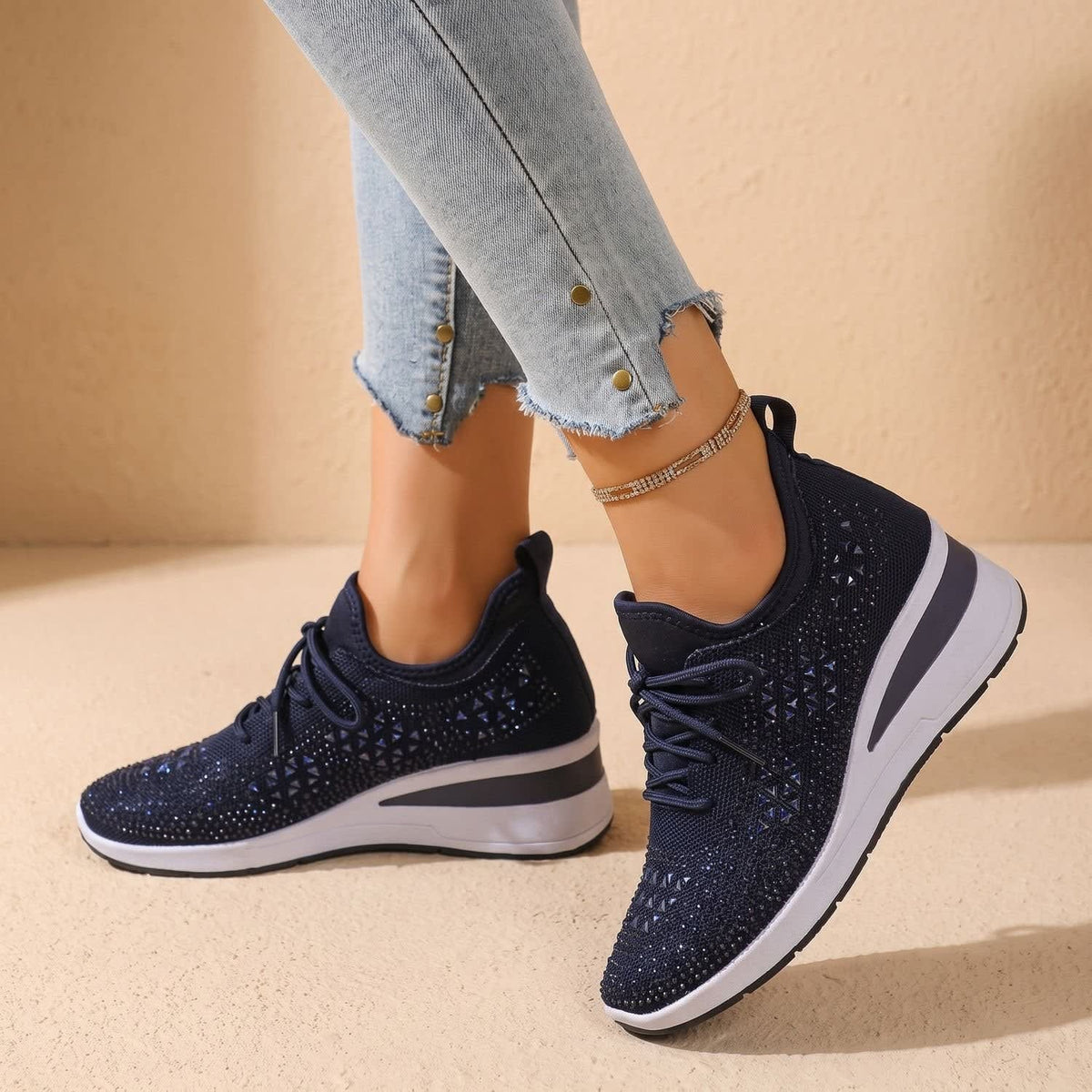 Women's Rhinestone Wedge Orthopedic Trainers | Arianwen_8