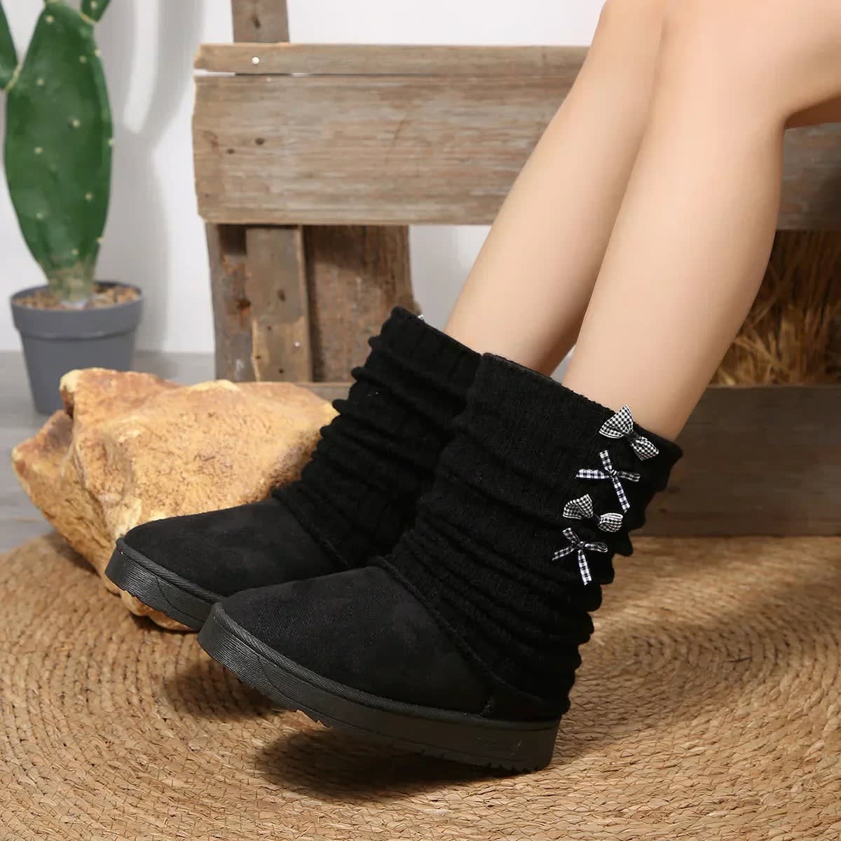 Women's Knit Cuff Bow Winter Boots | Esther_10