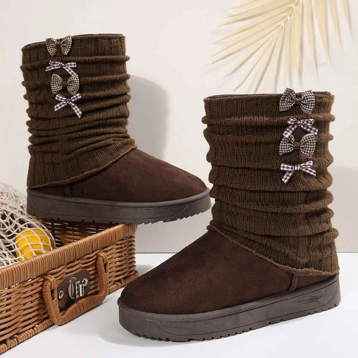 Women's Knit Cuff Bow Winter Boots | Esther_2