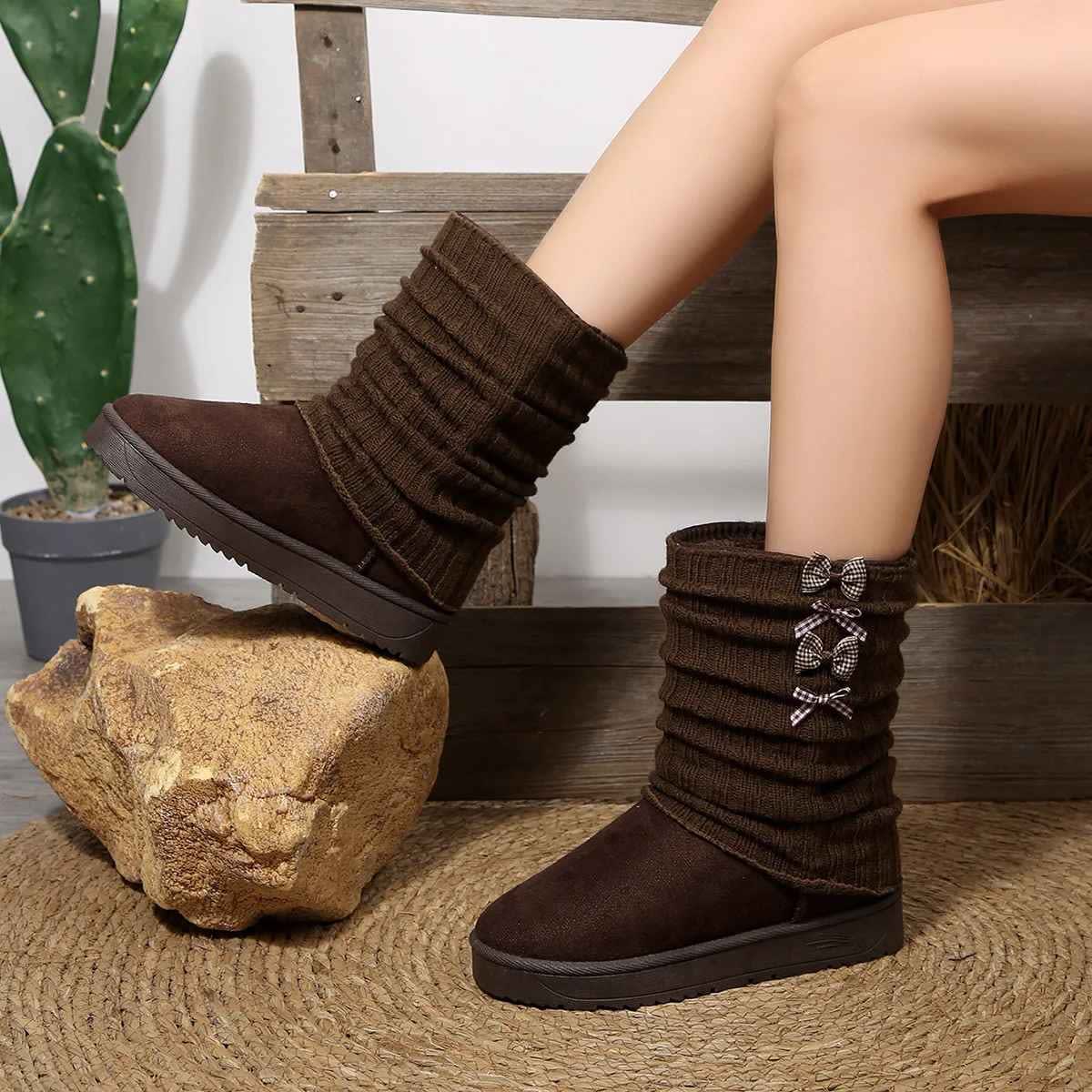 Women's Knit Cuff Bow Winter Boots | Esther_3