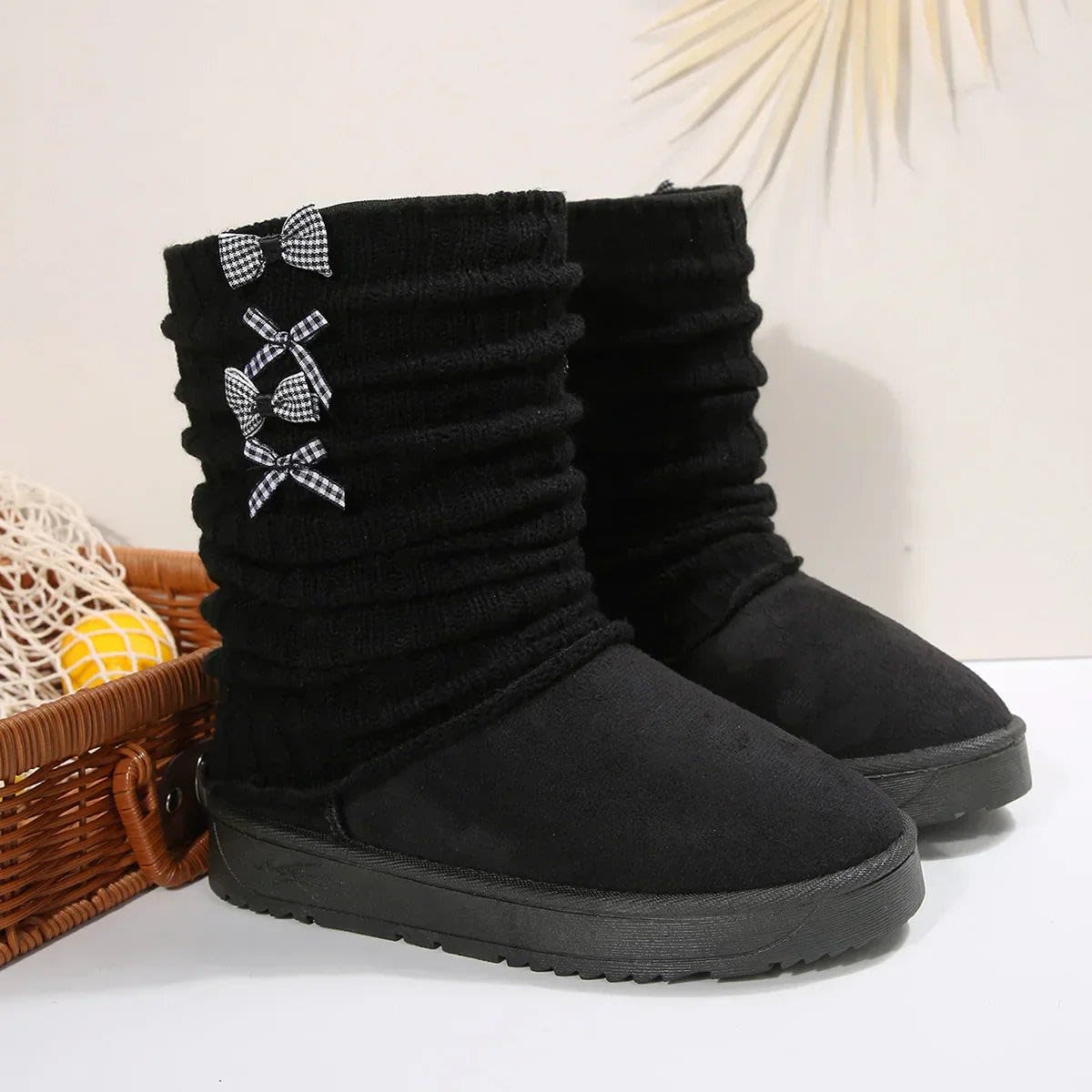 Women's Knit Cuff Bow Winter Boots | Esther_7