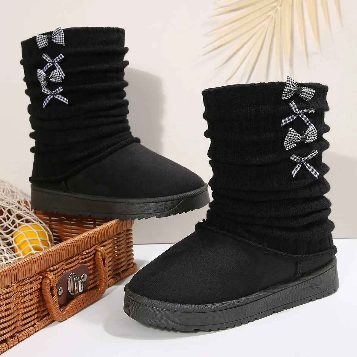 Women's Knit Cuff Bow Winter Boots | Esther_8