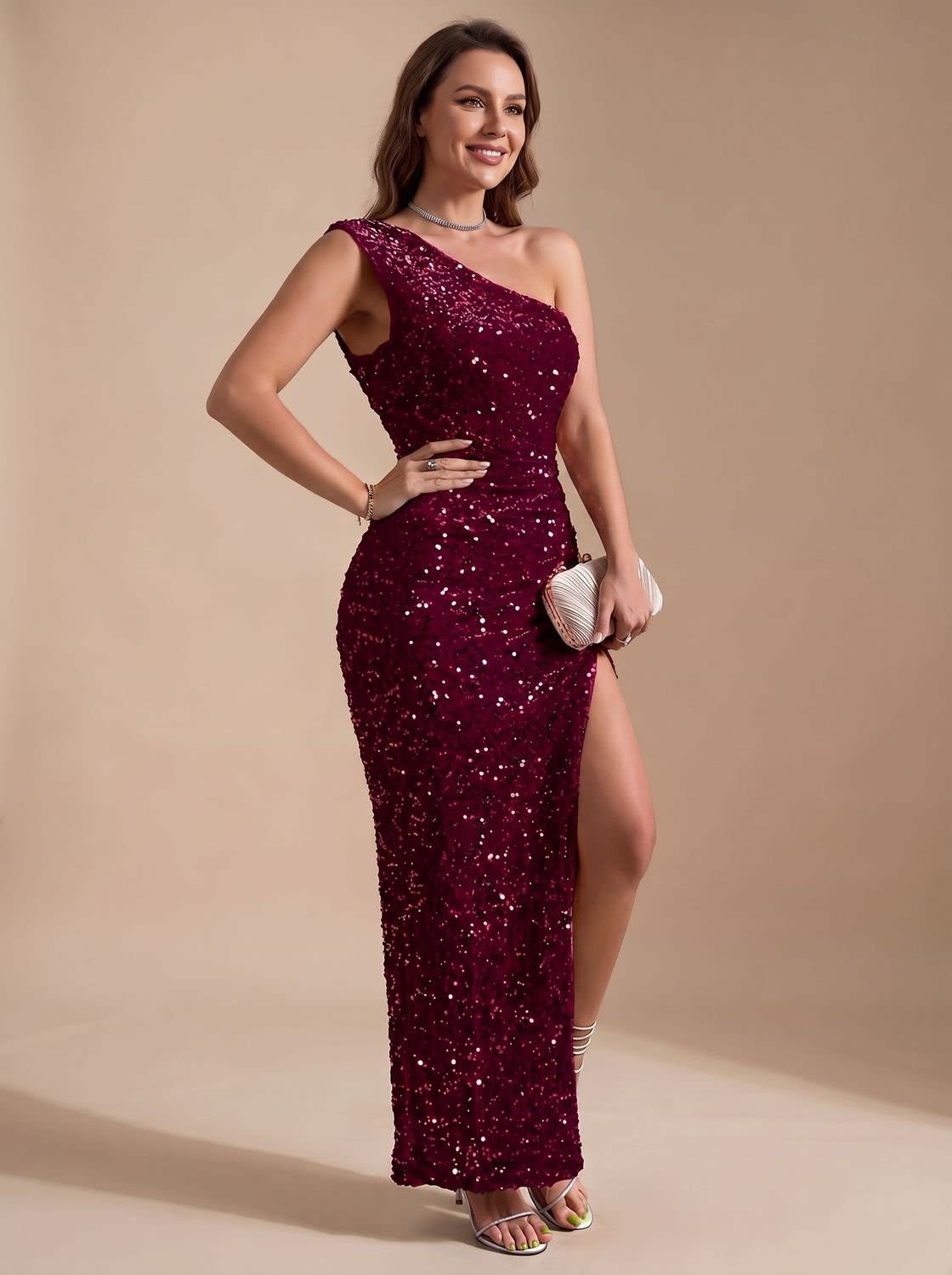 Women's Sequin One Shoulder Christmas Party Maxi Dress | Cassandra_8